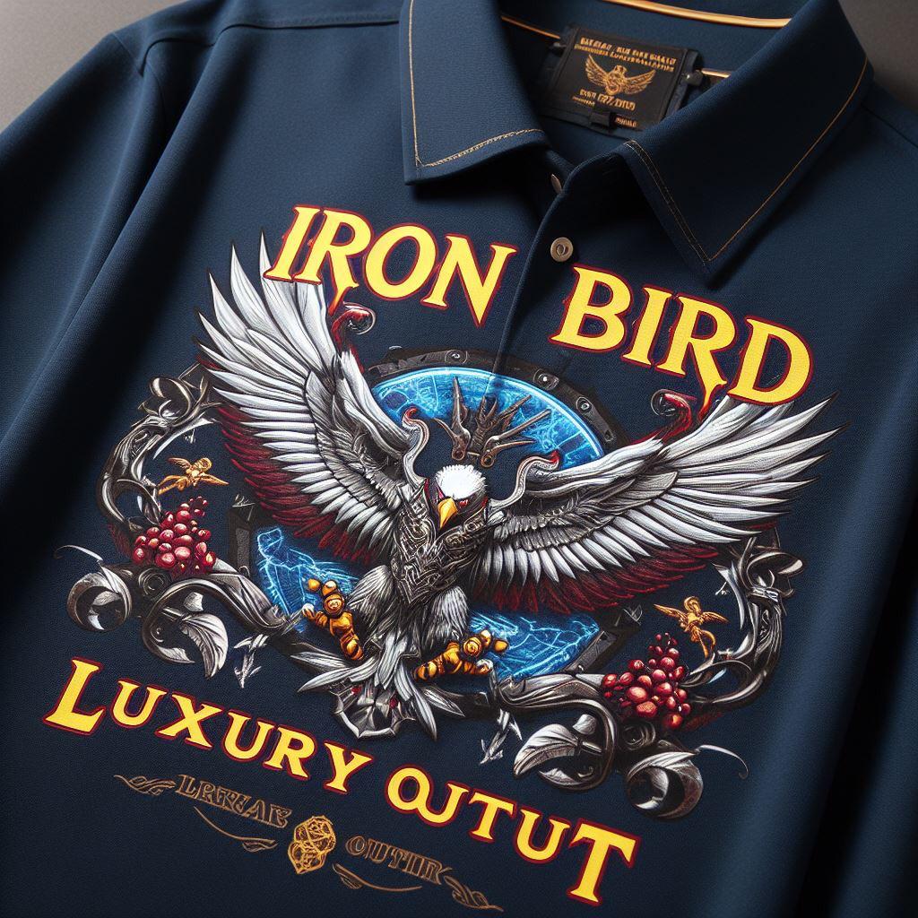 iron bird blue collar t-shirt with colorful logo